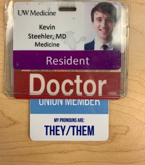 Dr. Kevin Steehler's ID with pronoun badge