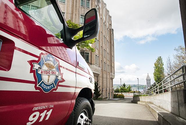 A Medic One ambulance in the Emergency Department bay at Harborview Medical Center in Seattle.