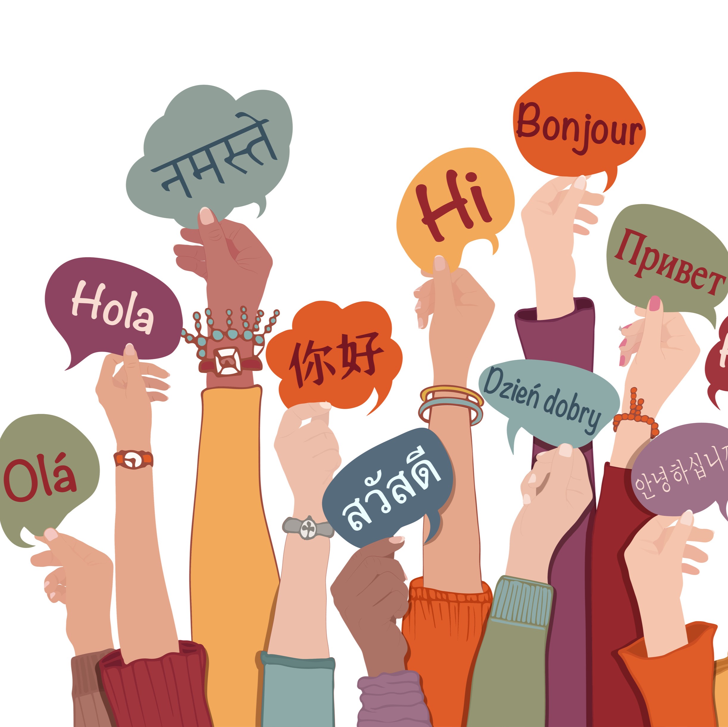 Many hands holding word bubbles reading "hello" in different languages