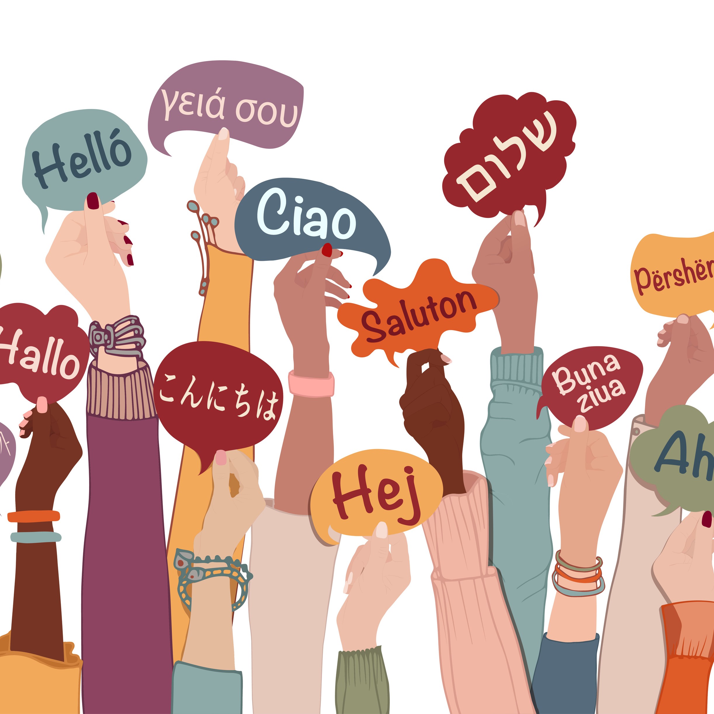 Many hands holding word bubbles reading "hello" in different languages