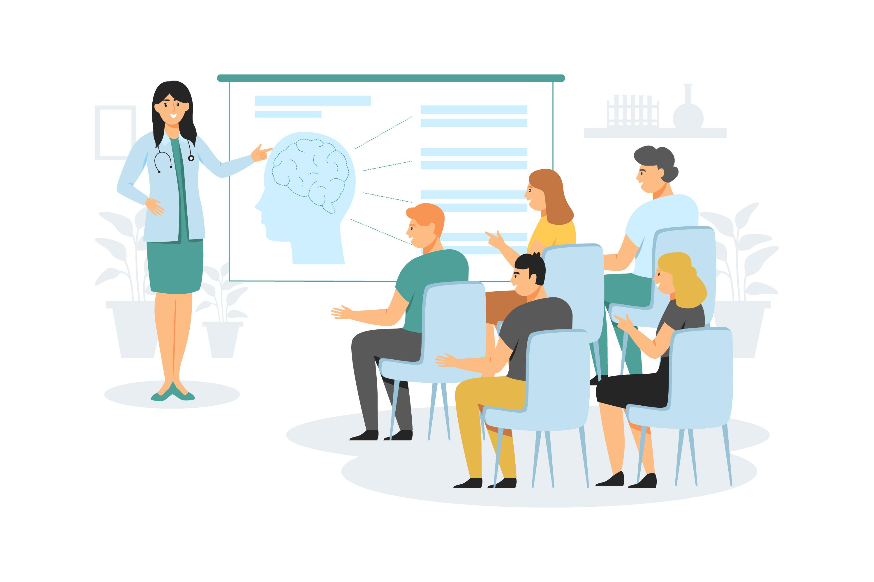 Vector image of a physician teaching a group of students. Image designed by Freepik. 