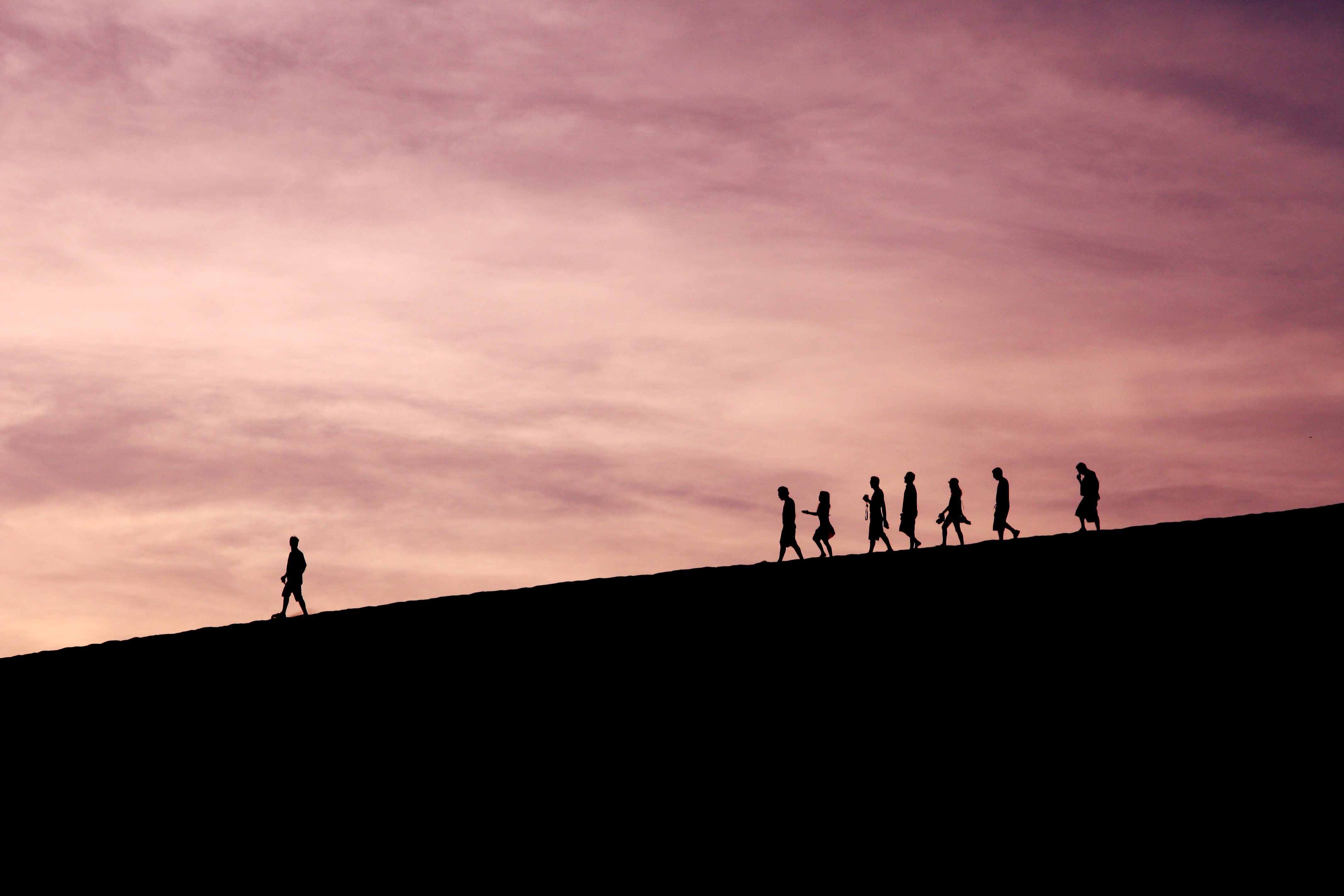 silhouette of one person leading others on a walk