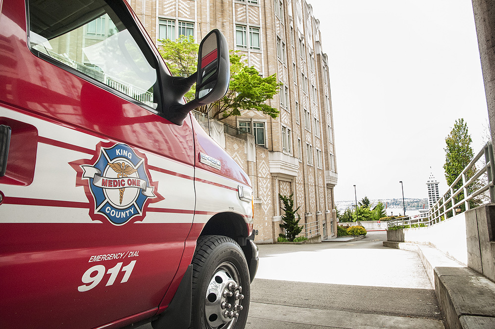 A King County Medic One unit sits in the ambulance bay at Harborview Medical Center in Seattle. Photo: UW Medicine.