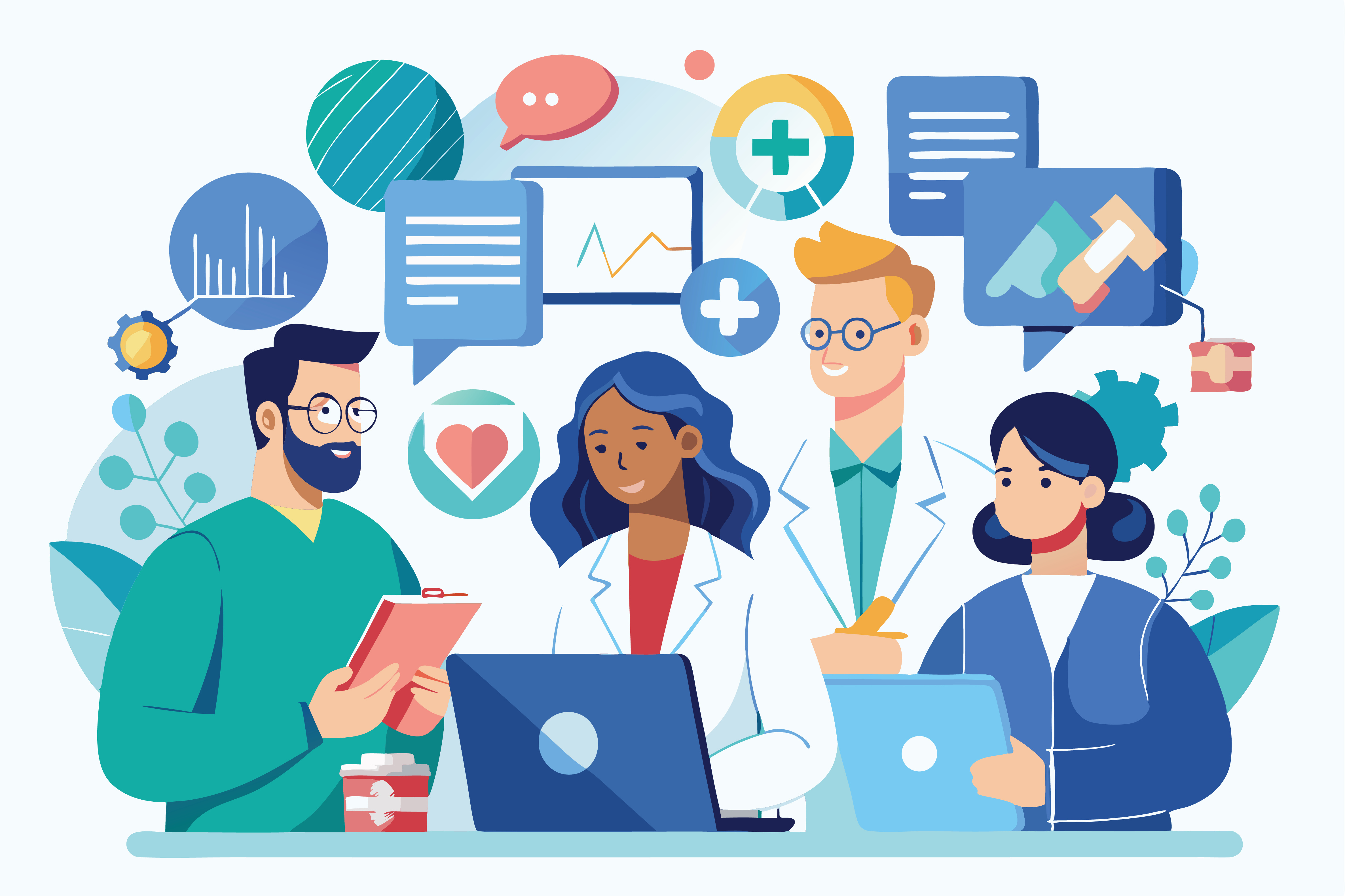 Animation of physicians with clouds surrounding containing medical symbols