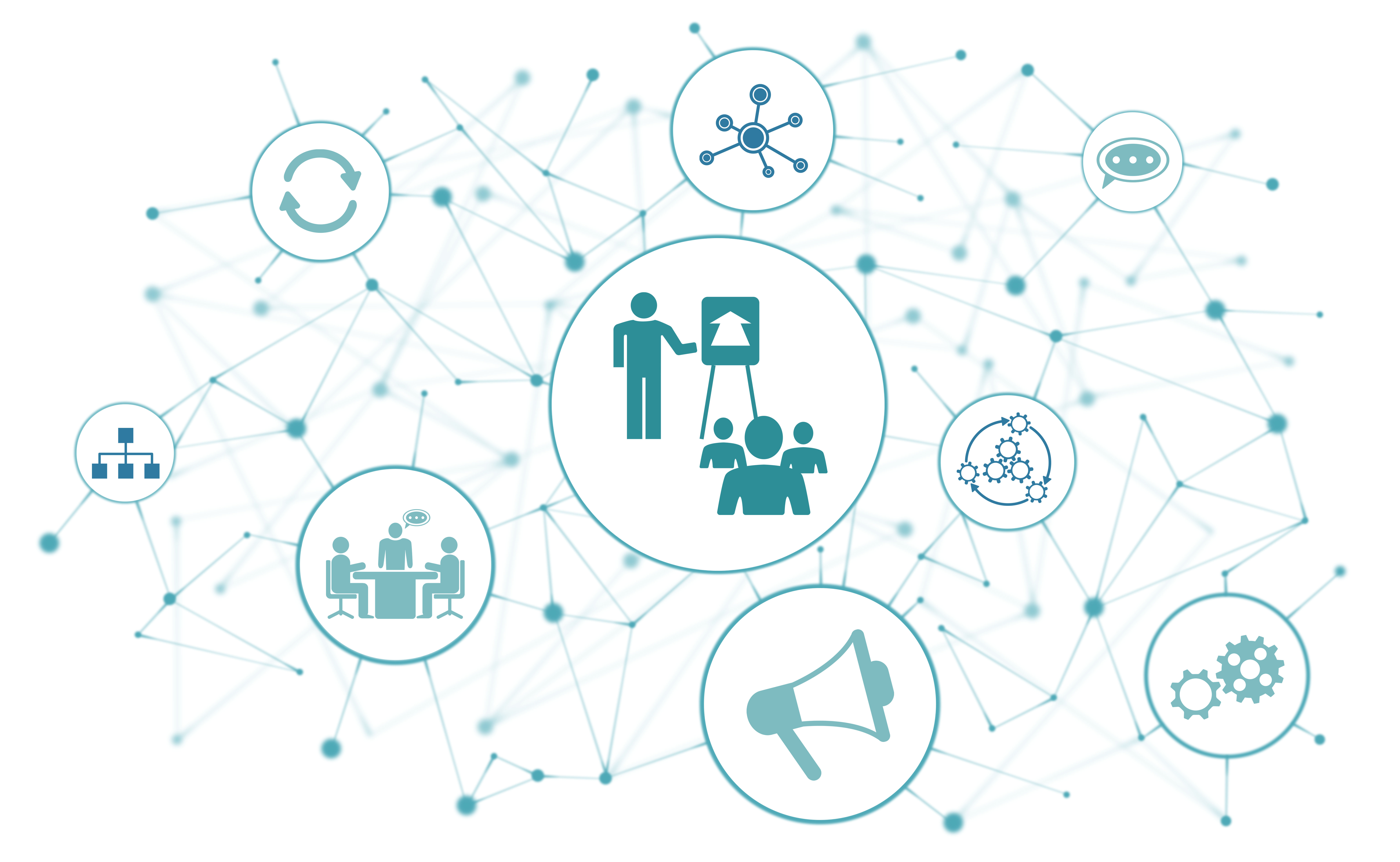 Mentorship connection graphic, lines connecting bubbles with gears and charts inside