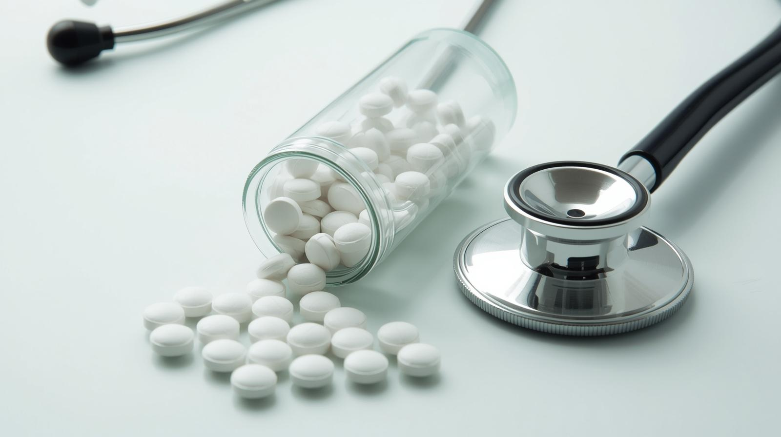 A clear glass pill bottle filled with small, white, round pills sits on a clean, light-colored surface next to a silver and black stethoscope. The lighting is bright and clinical, emphasizing the medical theme.