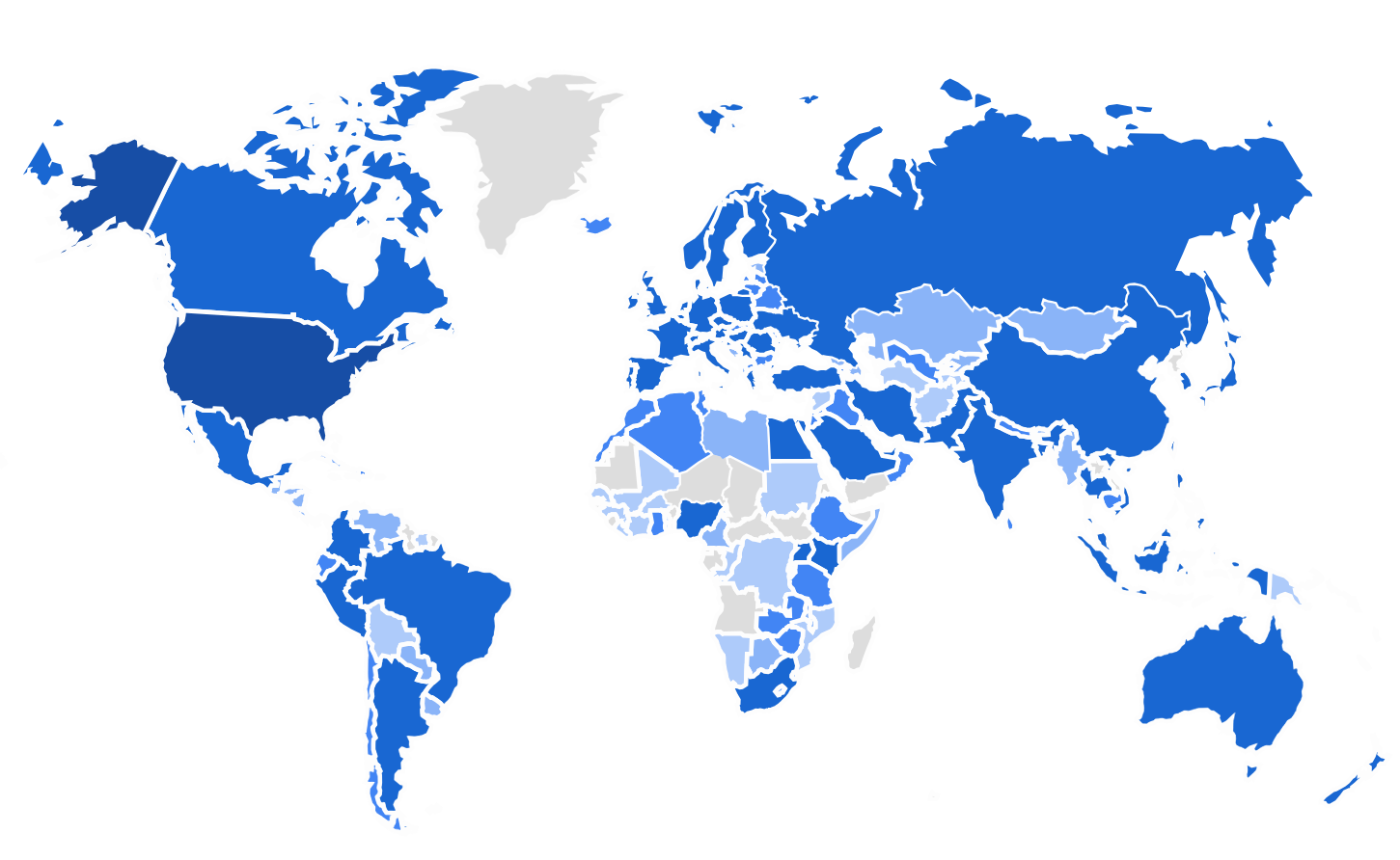 Global map highlighted by county for most users. USA highest count. India, UK, Canada, Australia nest highest.