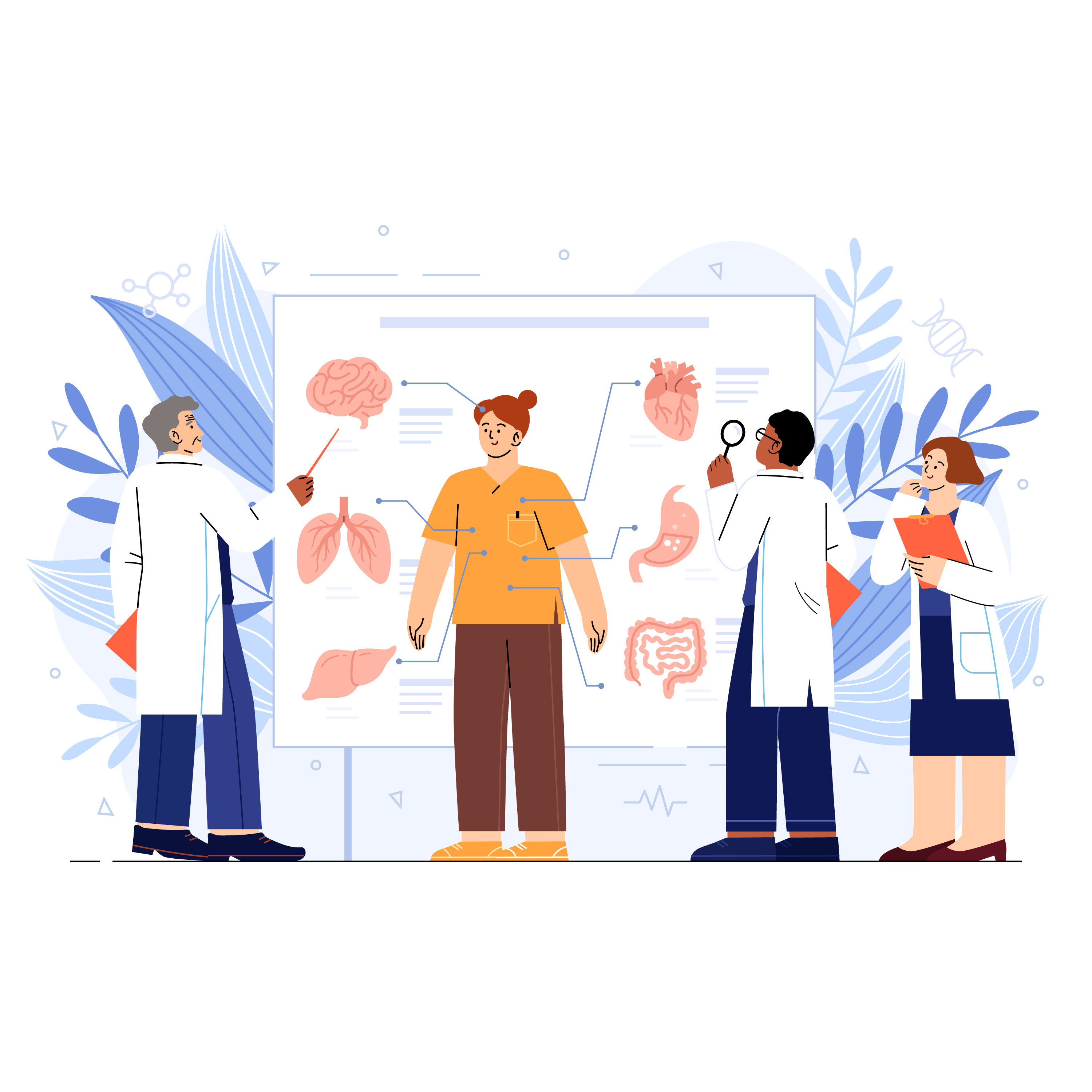 Vector art of physicians pointing at medical scan
