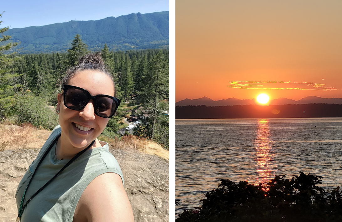 Two images: left, Niambi hiking; right, a sunset