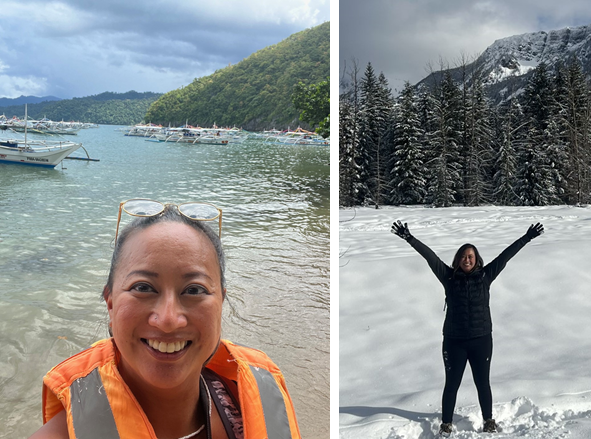 Stephanie at the beach, left, and hiking in snow, right