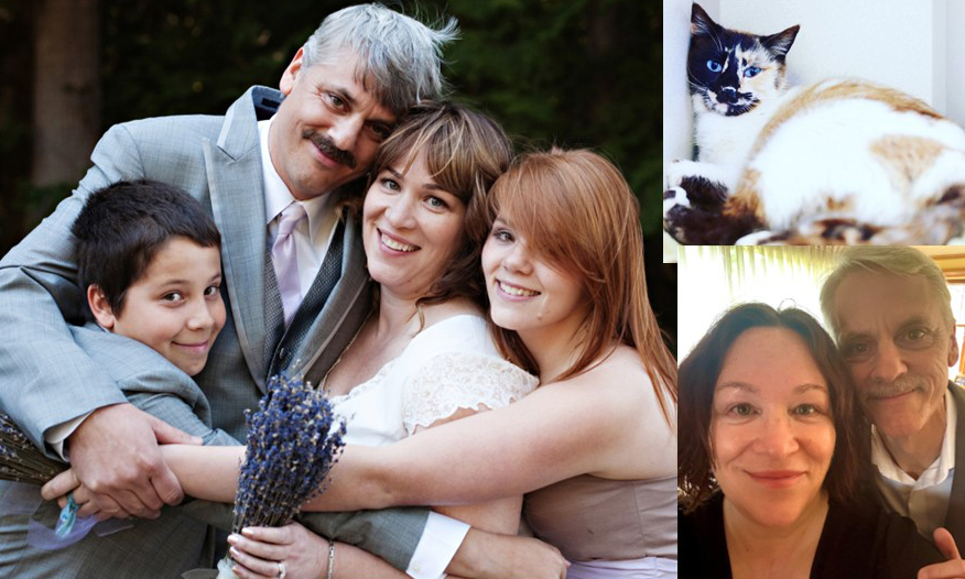 Amy Fields with her family (left) her cat (right top) and her husband (right bottom)