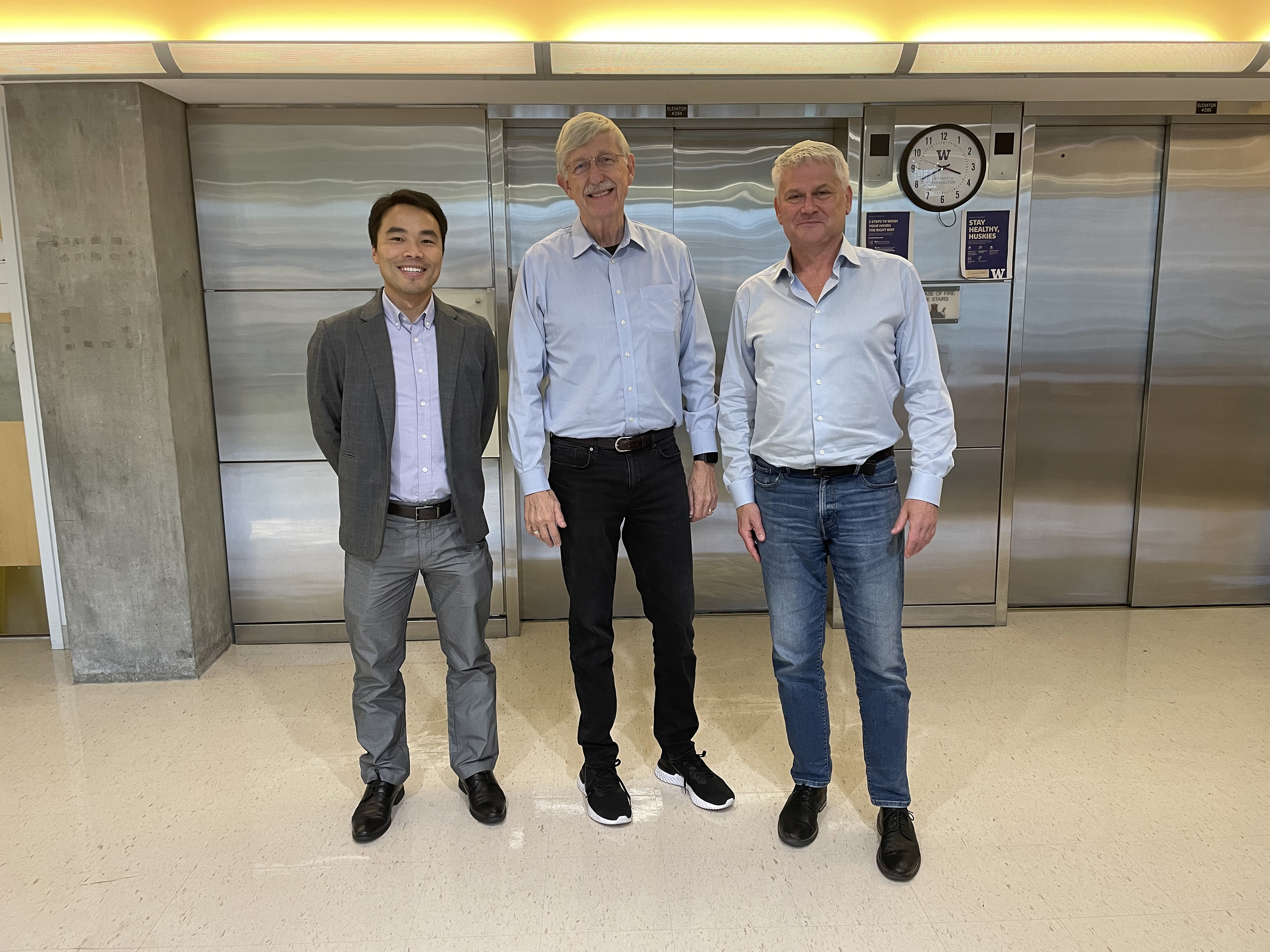 Drs. Chang Li, research assistant professor, and André Lieber, professor (Medical Genetics) recently met with former NIH Director Dr. Francis Collins