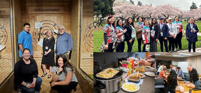 Group axe throwing (left), group near cherry blossoms (right, top), potluck gathering (bottom, right)