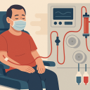 Vector-style image of a patient undergoing dialysis. It shows the patient seated in a chair with tubing connected to a dialysis machine, which includes a monitor, dialyzer, and fluid bags. 