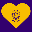 Yellow heart on a purple background with an image of an award in the middle of the yellow heart/UW Medicine Cares Award logo