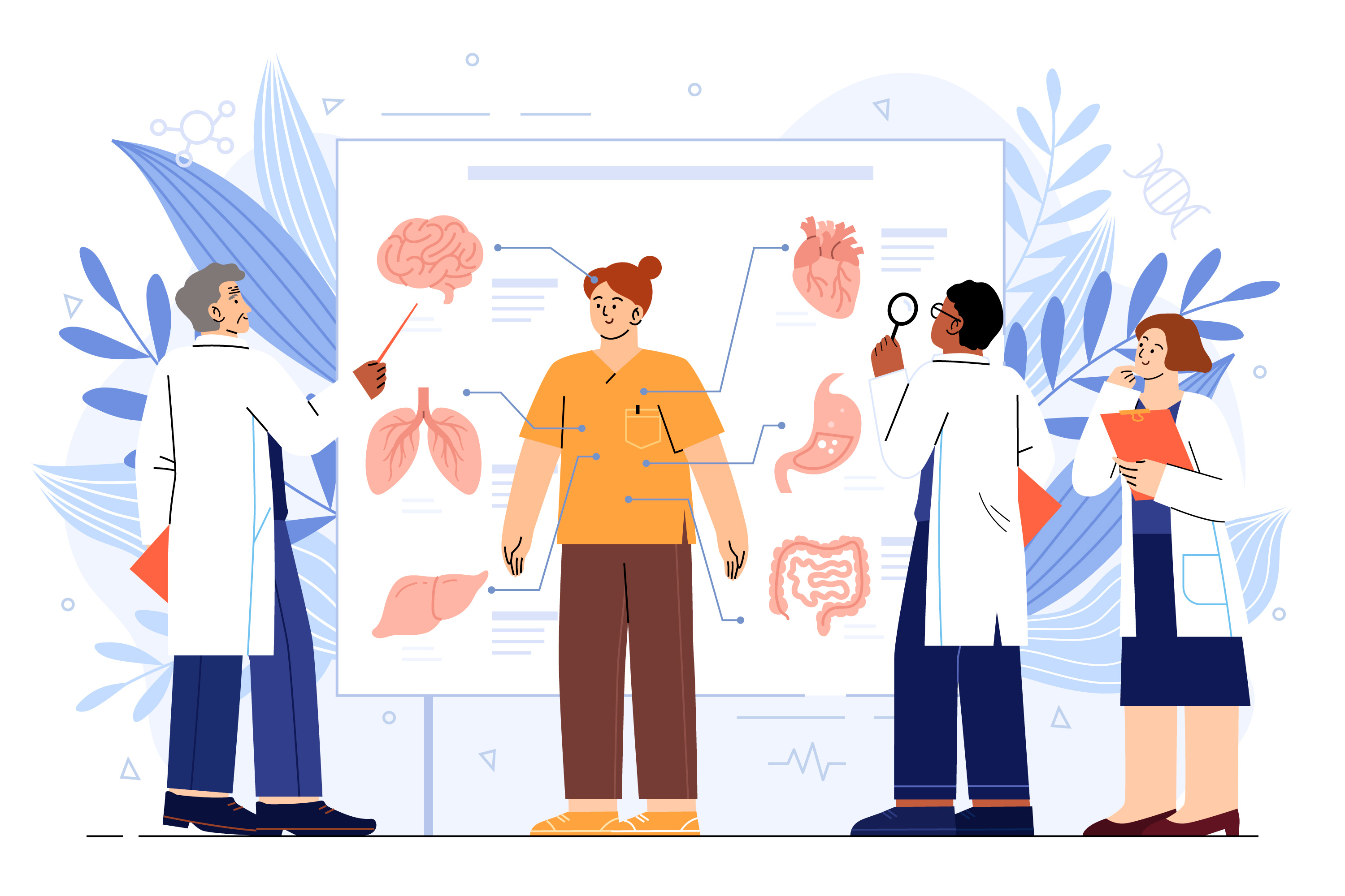 Clinical teaching vector image. Teacher and students. 