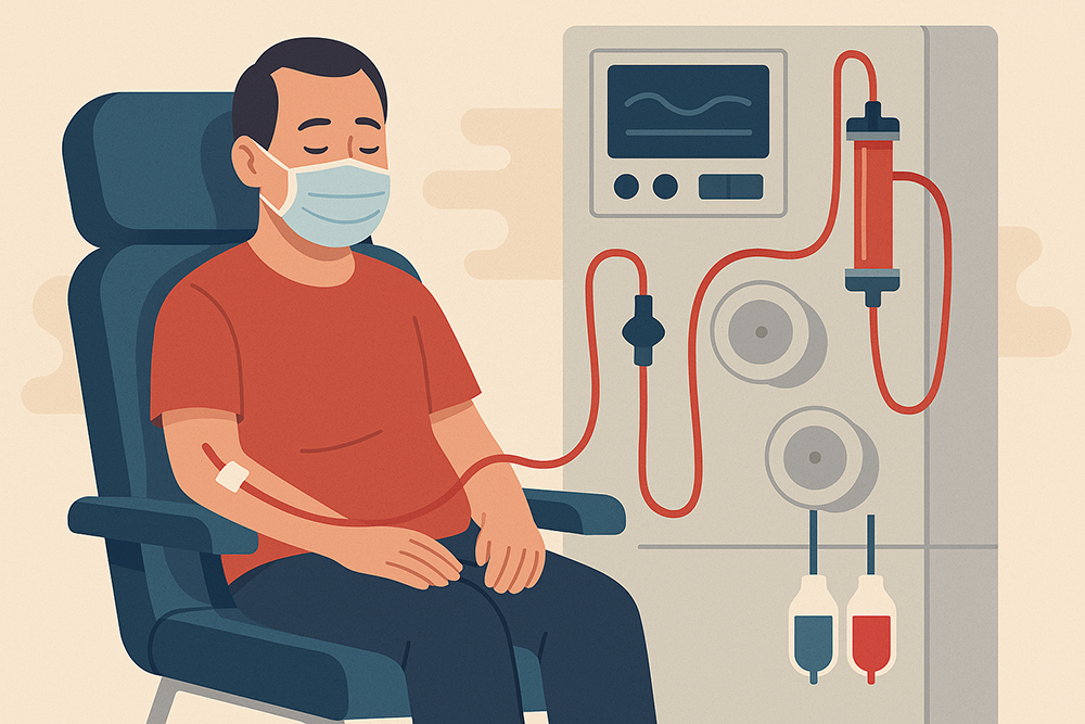 Vector-style image of a patient undergoing dialysis. It shows the patient seated in a chair with tubing connected to a dialysis machine, which includes a monitor, dialyzer, and fluid bags. 
