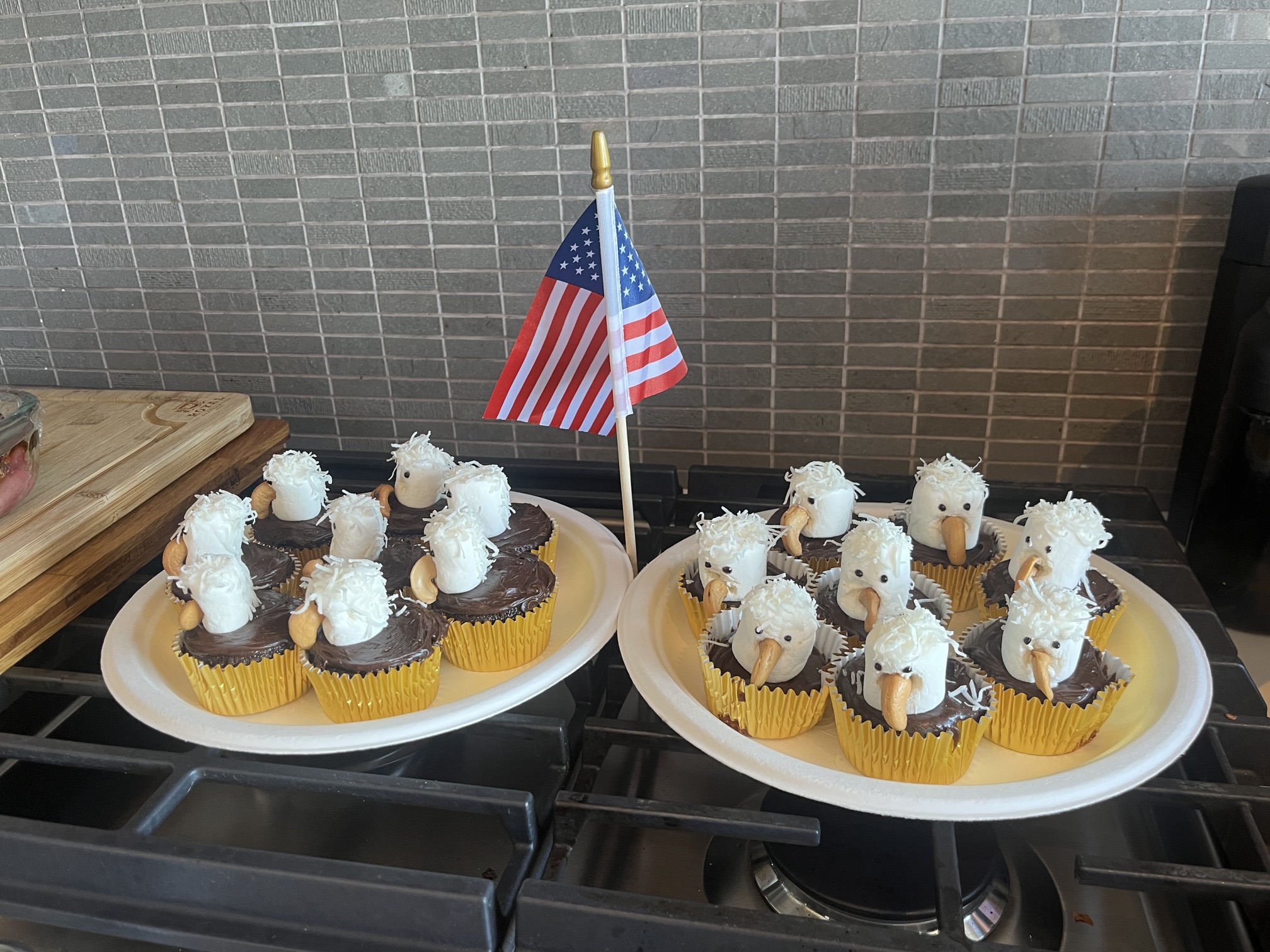 eagle cupcakes with a small american flag.