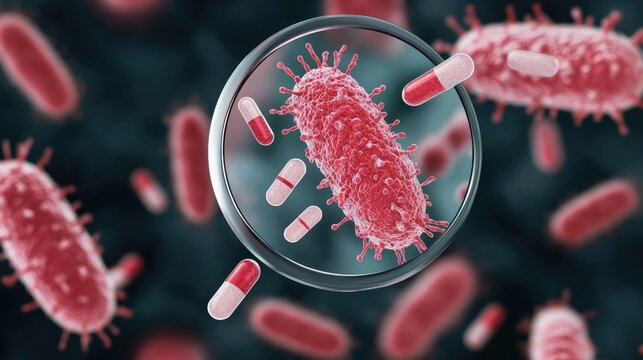 A detailed view of bacteria under a microscope, showcasing their structure and the presence of antibiotics, emphasizing the battle against infection. Adobe stock image. 