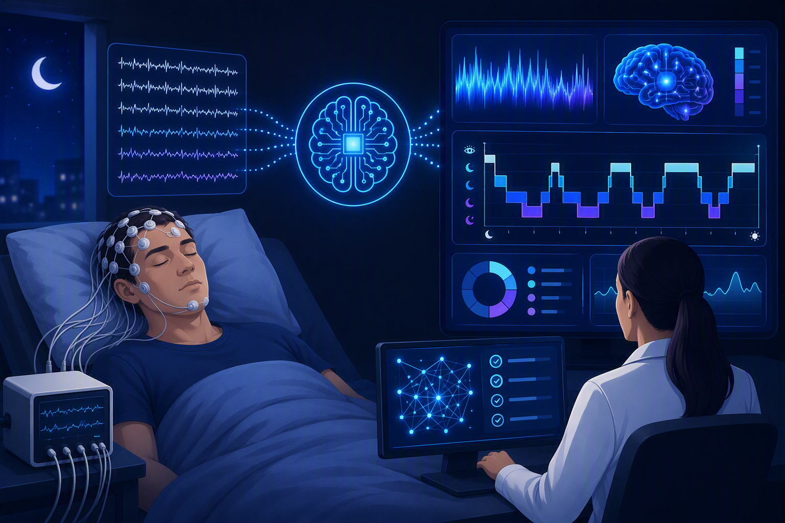 Sleep study test being analyzed by AI. Image created by AI using co-pilot.