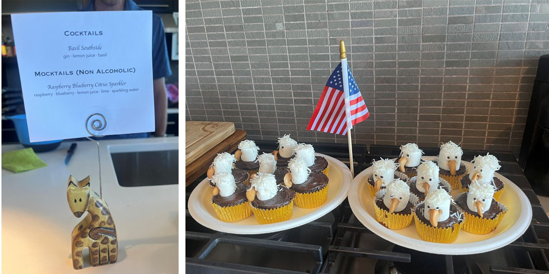 July 4 celebration drink menu and eagle cupcakes with a small american flag