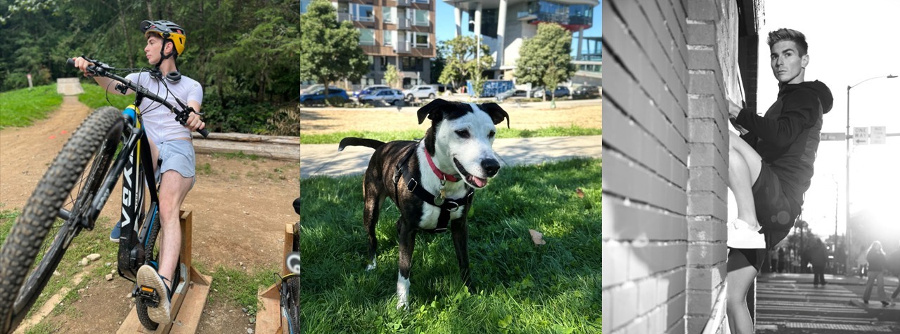 (left) Josh on a bike, (center) Josh's dog, (right) Josh climbing a wall