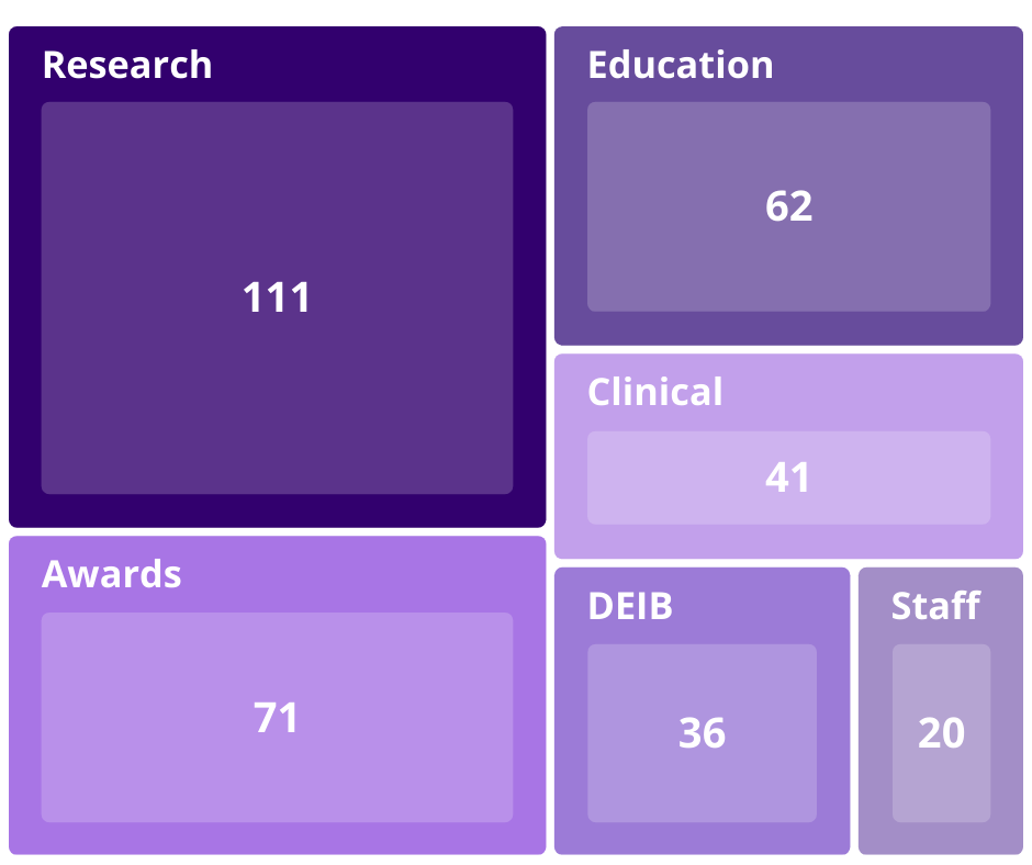 Stacked box chart, largest box "Research, 111", next largest box "Awards, 71", next largest box "Education, 62", next largest box "Clinical, 41", next largest box "DEIB, 36", smallest box "Staff, 20".