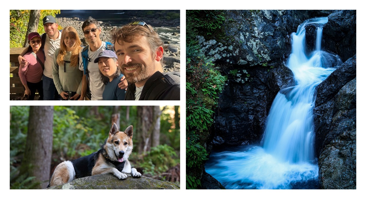 Collage of waterfall, group shot of hikers, and a dog
