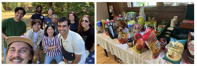 Interns with Tisha Wang at education retreat and the table of snacks at the retreat.