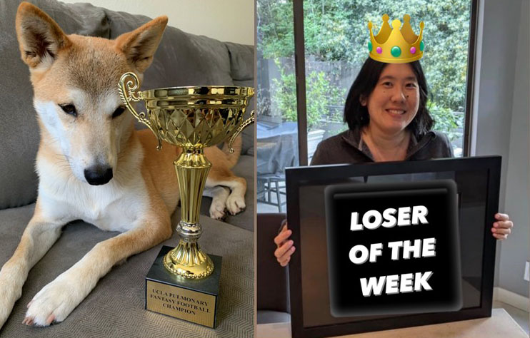 Dog next to trophy and Tisha Wang holding a sign that says "loser of the week"