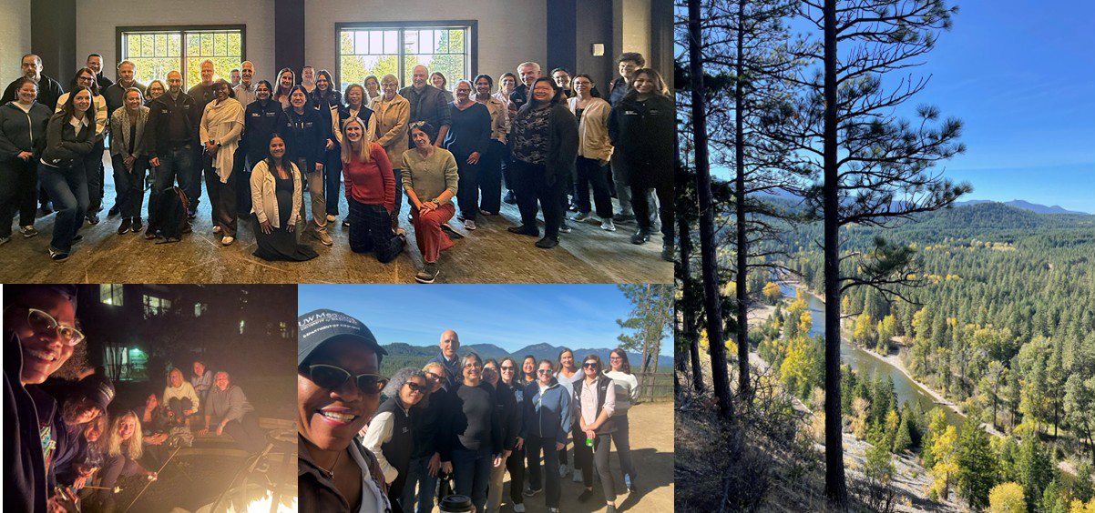 Collage of pics from a leadership retreat - group shot of all attendees, people hiking and at a bonfire, a view of the landscape and river at the event location - Suncadia.