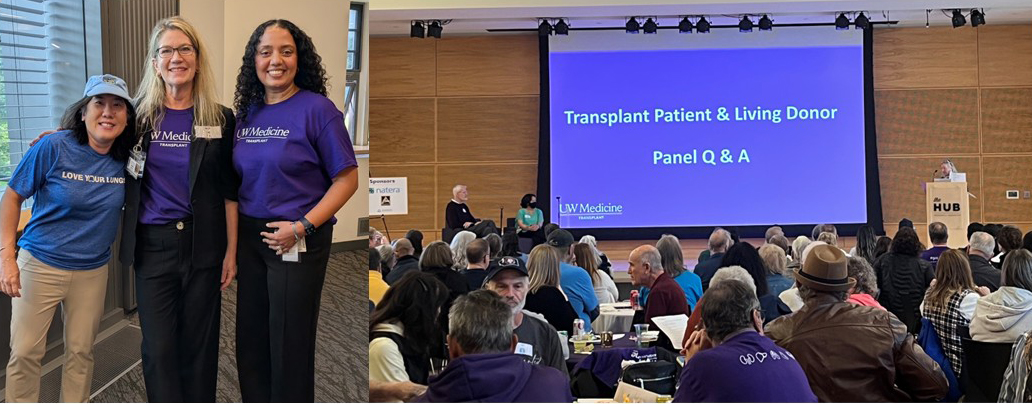 Collage of transplant Q&A slides and group of leadership at the event